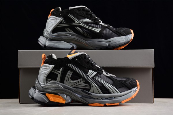 Balenciaga Runner Sneaker in black, grey and neon orange nylon and suede like fabric