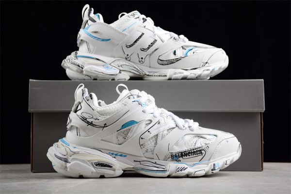 Balenciaga Track Sketch Sneakers in white, black, and blue double foam and mesh