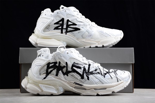 Balenciaga Runner Graffiti Trainers in white and black mesh and nylon