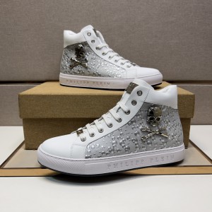 Philipp Plein Crocodile grey white leather high-top sneakers