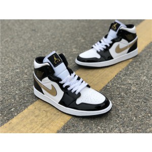 Air Jordan 1 Mid Patent Black White Gold