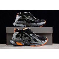Balenciaga Runner Sneaker in black, grey and neon orange nylon and suede like fabric