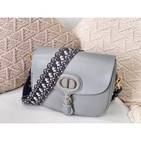 Dior Bobby Grey Grained Calfskin with Blue Dior Oblique Embroidered Shoulder Strap