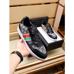 Gucci Black Leather And Grey Canvas Shoes